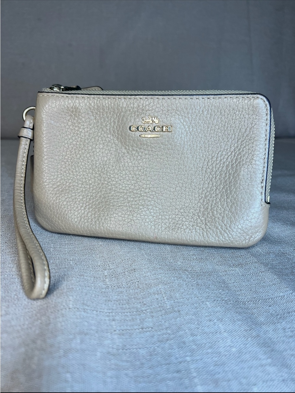 Coach Pebbled Leather Wristlet in Light Taupe